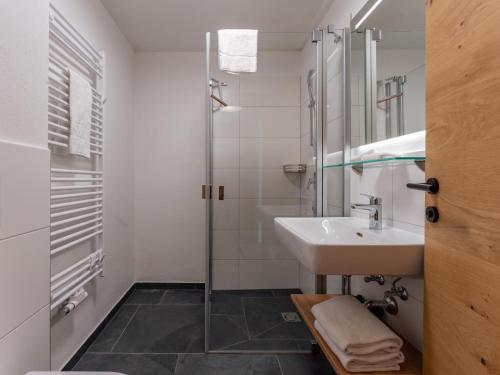 La salle de bains est pourvue d'un lavabo et d'une douche. dans l'établissement Lärchenhof Top 01, à Mauterndorf