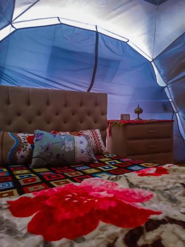 a bedroom with a bed with a blue tent at Luxury tent in the middle of nature 