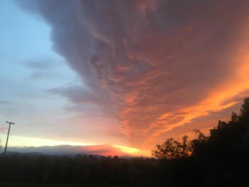 a cloudy sky at sunset with trees in the foreground at Hadlow Sunrise Retreat in Timaru