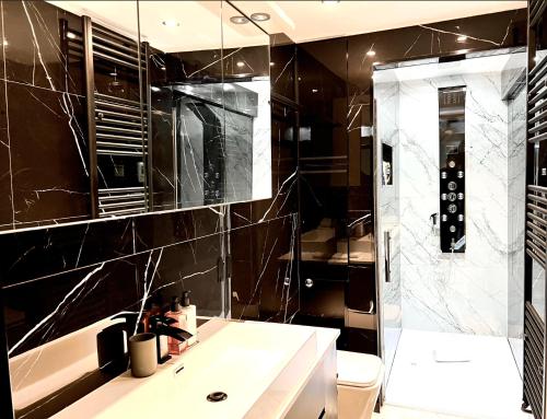 a bathroom with a shower and a sink and a toilet at Exclusive Apartments South Kensington in London