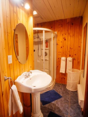 a bathroom with a sink and a shower at La Maison Inukshuk, chambre no 2. in Sainte-Rose-du-Nord