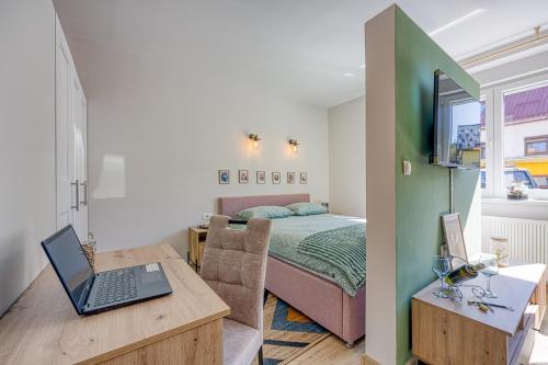 1 dormitorio con 1 cama y escritorio con ordenador portátil en Apartments with a parking space Delnice, Gorski kotar - 23045, en Delnice