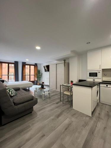 a large living room with a couch and a kitchen at Rosal Central Studios in Oviedo