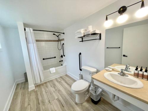 a bathroom with a sink and a toilet and a shower at Ukee Peninsula Motel in Ucluelet
