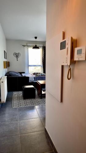 une chambre avec un salon avec un canapé et un salon dans l'établissement Studio à Aix-en-Provence., à Aix-en-Provence