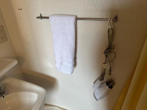 een badkamer met een wit toilet en een handdoek bij ペンションAloalo in Shirahama