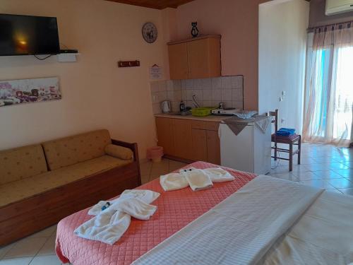a room with a bed and a couch and a kitchen at Delfini in Akhladherí