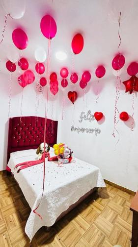 滁林的住宿－Hostal príncipe，卧室配有壁挂的粉红色气球