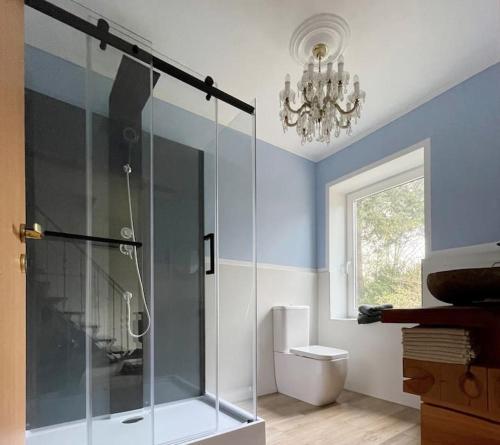 uma casa de banho com uma cabina de duche em vidro e um WC. em Casa Angres - Lüneburger Heide 