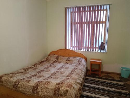 um quarto com uma cama, uma janela e um tapete em Pamir lodge em Khorog