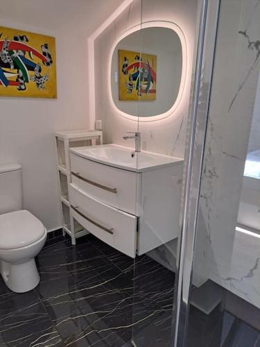 La salle de bains est pourvue de toilettes, d'un lavabo et d'un miroir. dans l'établissement Appartement 2 pièces à 5 minutes de la plage, à Saint-Laurent-du-Var