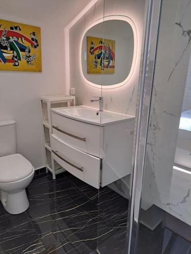 une salle de bain avec toilettes, lavabo et miroir dans l'établissement Appartement 2 pièces à 5 minutes de la plage N4, à Saint-Laurent-du-Var