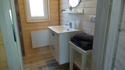 a bathroom with a white sink and a mirror at Domus Mare Tiny House 2 in Wisełka