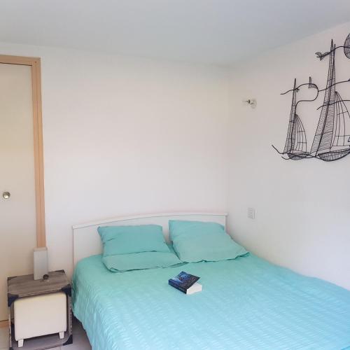 - un lit avec des oreillers bleus et un livre dans l'établissement Maison complète Cap d'Agde au calme avec jardin, au Cap d'Agde