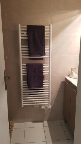 a bathroom with two purple towels on a towel rack at Maison complète Cap d'Agde au calme avec jardin in Cap d'Agde