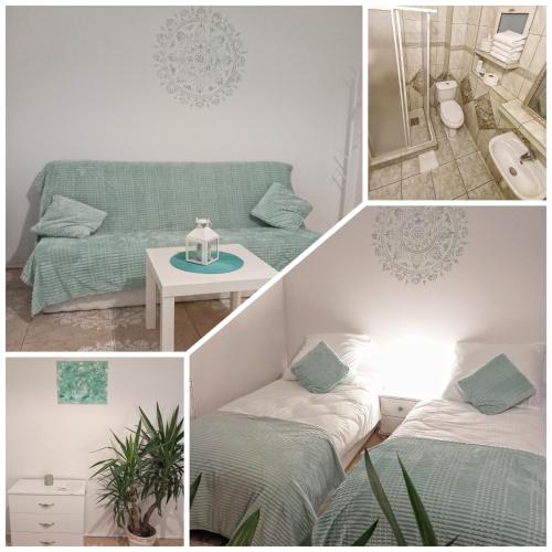 eine Collage mit Bildern eines Zimmers mit 2 Betten in der Unterkunft KRK stop in Cholerzyn