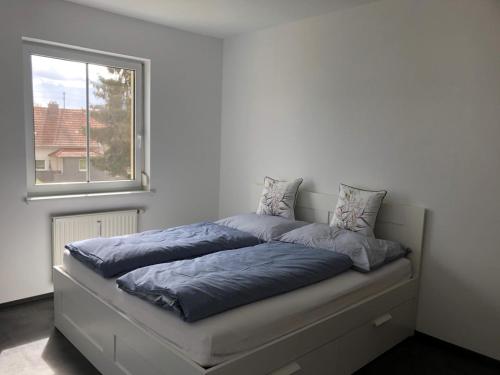 Apartment R24/7, 4050 Traun في لينز: سرير عليه وسائد زرقاء بجوار النافذة