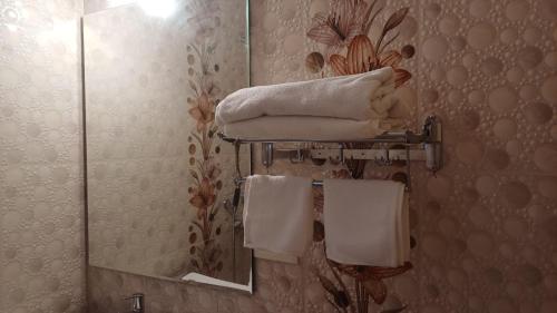 a bathroom with a towel rack and a mirror at GLEN RESIDENCY in Dramapur