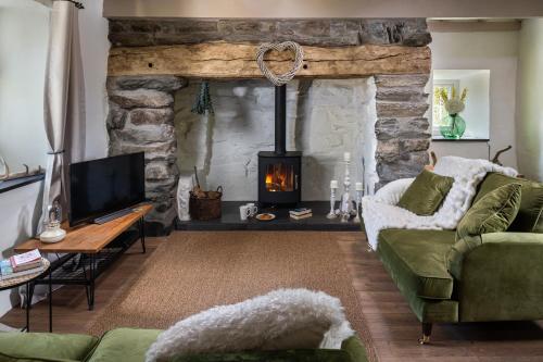 a living room with a green couch and a fireplace at Pen-Y-Bryn Cottage in Blaenau-Ffestiniog