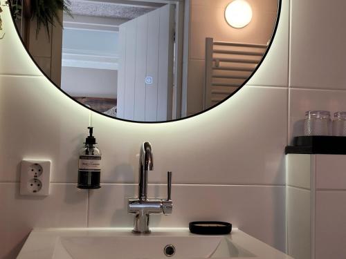 a bathroom with a sink and a mirror at Tiny Villa de Haas met Infraroodsauna in Egmond aan Zee