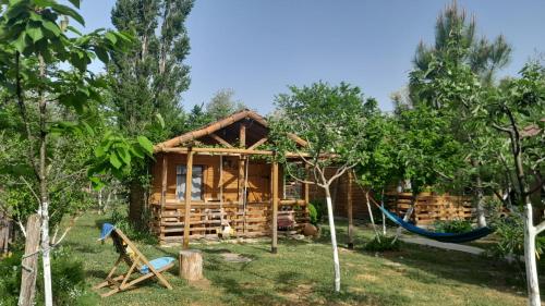 a log cabin with a hammock in the yard at Tiny houses Genacvale in Martvili