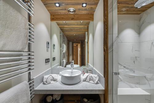 uma casa de banho com um lavatório e um chuveiro em Appartement Sifflote - LES CHALETS COVAREL em La Daille