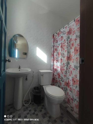a bathroom with a white toilet and a sink at Tanyon Bay Beach House in Ronda