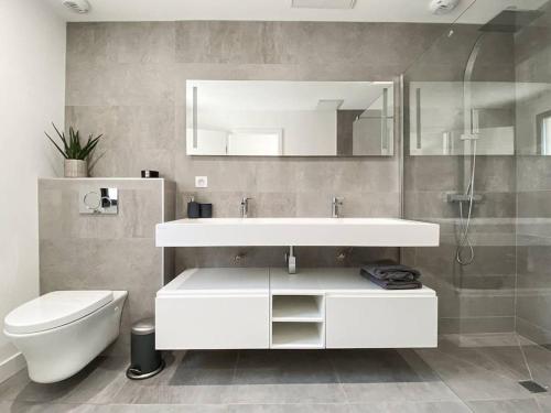a bathroom with a white sink and a toilet at Villa La Foret Du Lac à HOSSEGOR in Soorts-Hossegor