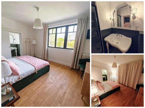 twee foto's van een slaapkamer met een bed en een wastafel bij Domaine de L'isle Maniere in Saint-Quentin-sur-le-Homme