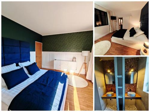 Cette chambre comprend un grand lit avec des draps bleus. dans l'établissement Domaine de L'isle Maniere, à Saint-Quentin-sur-le-Homme