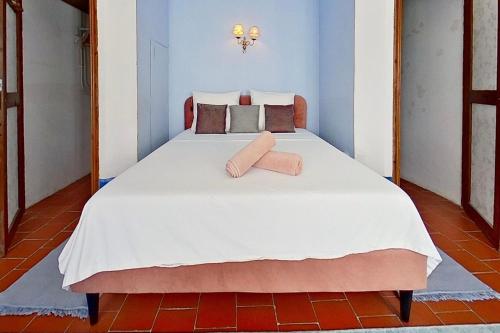 a bedroom with a large white bed with two pillows at Les 2 Drôles d'Oiseaux in Luc-sur-Orbieu