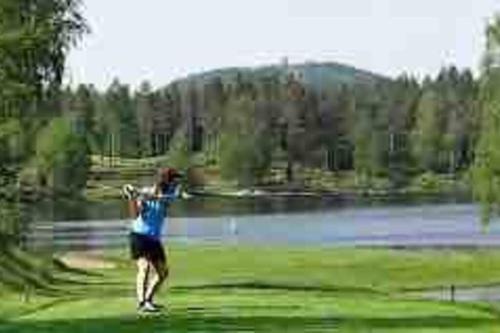 a man swinging a tennis racket on a golf course at Lantligt hus nära Isaberg in Nissafors