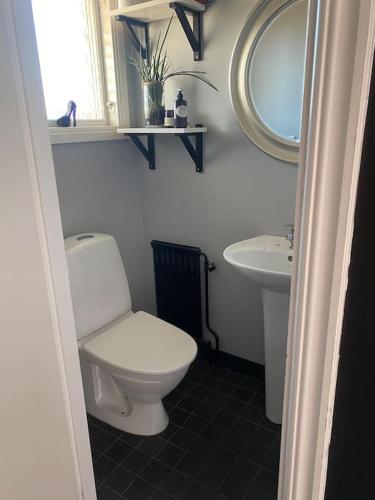 a bathroom with a white toilet and a sink at Lantligt hus nära Isaberg in Nissafors