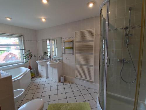 een badkamer met een douche, een toilet en een wastafel bij Pension Jung in Leipzig
