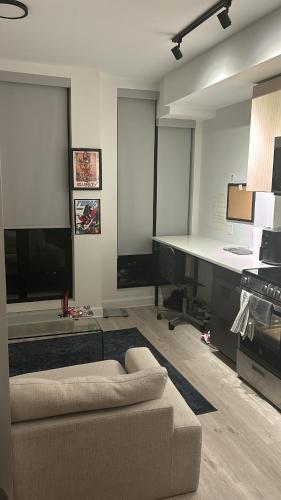 a living room with a couch and a desk at Studio Ottawa in Ottawa