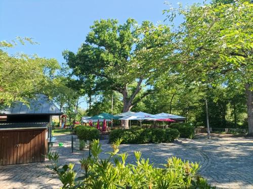 a park with tables and umbrellas at Hotel Schlösschen Sundische Wiese Zingst in Zingst