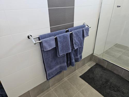 a bathroom with blue towels hanging in a shower at Private king bed guest suite in Perth