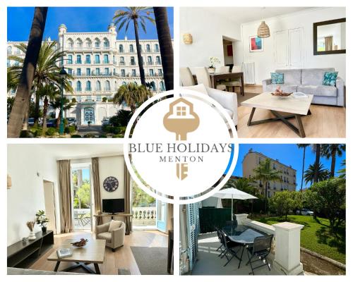 a collage of photos of a blue holiday memory at L'Orient Palace Apartments in Menton