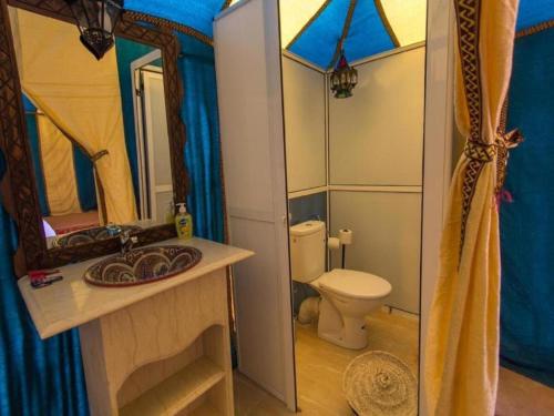 a bathroom with a toilet and a sink and a mirror at Global Luxury Camp in Merzouga