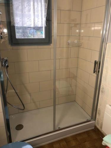 une douche avec une porte vitrée dans une salle de bain dans l'établissement Appartement Chez Place à Estaing N°2, à Estaing