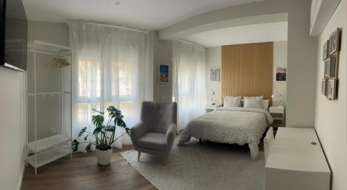 um quarto com uma cama e uma cadeira em Rooms Madrid Río em Madrid