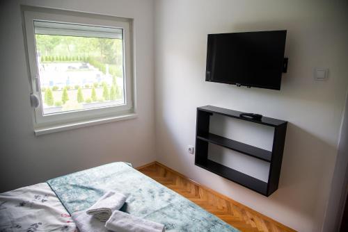 a room with a tv and a bed and a window at Čudna šuma apartmani Vrdnik in Vrdnik