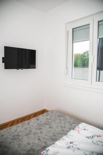 a bedroom with a bed and a tv on a wall at Čudna šuma apartmani Vrdnik in Vrdnik