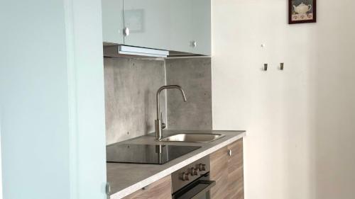 una cucina con lavello e armadi in acciaio inossidabile di M095 - Marcelli, trilocale ristrutturato a 100 m dal mare a Marcelli