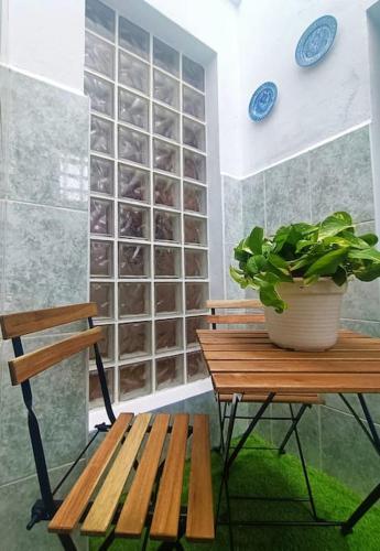 a wooden bench and a potted plant on a table at Apartamento Terracota Charco del Pino in Tamaide