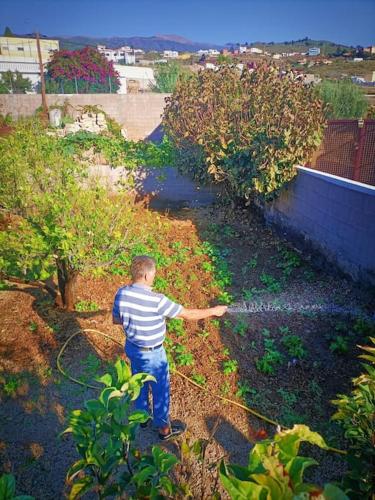 a young boy watering a garden with a hose at Apartamento Terracota Charco del Pino in Tamaide