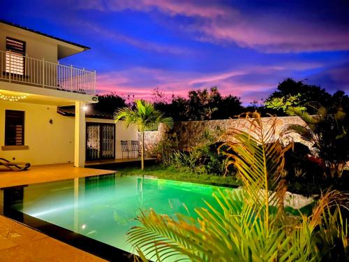 uma piscina no quintal de uma casa em Lakaz Kannell - Room 1 - Dodo Lodge, secluded outside shower, infinity pool em Cap Malheureux