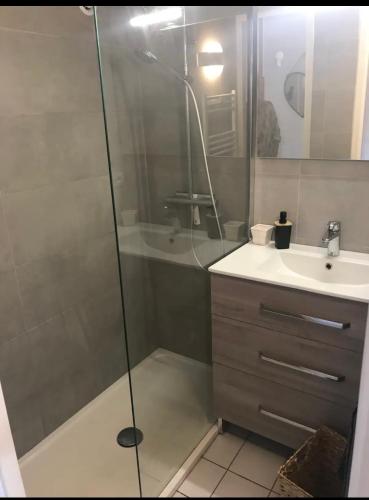 une salle de bain avec douche et lavabo dans l'établissement Villa patio Capbreton, à Capbreton