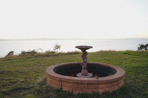 a bird bath in the grass next to the water at VistaMirage - Mystic Ridge Estate in Bywong