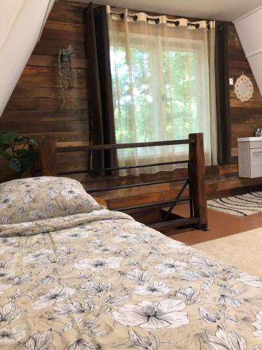 Schlafzimmer mit einem Bett und einem Fenster in der Unterkunft Mókus Vendégház in Doboz